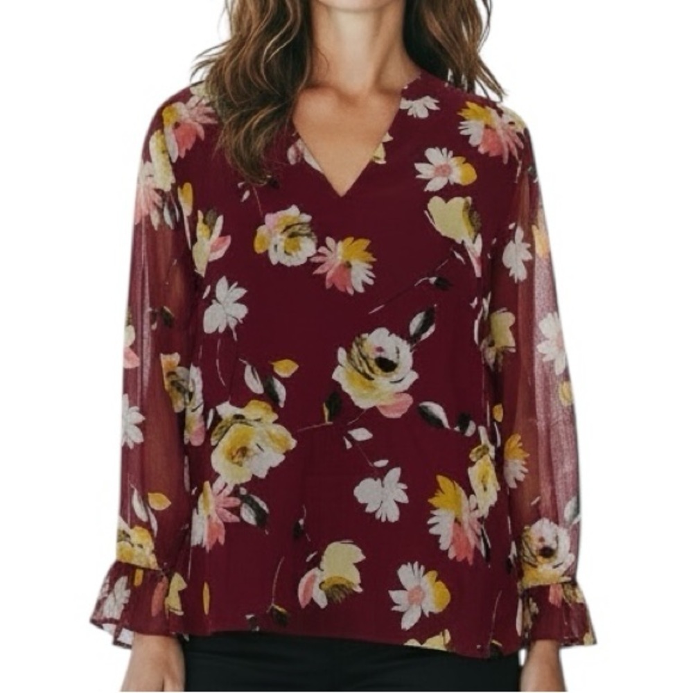 WHITE HOUSE BLACK MARKET Burgundy Long Sheer Sleeve Lined Blouse Size Medium